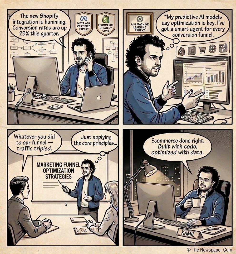 Illustrated comic strip of Muhammad Kamil's story — web developer, Shopify expert, ecommerce strategist, marketer and AI specialist